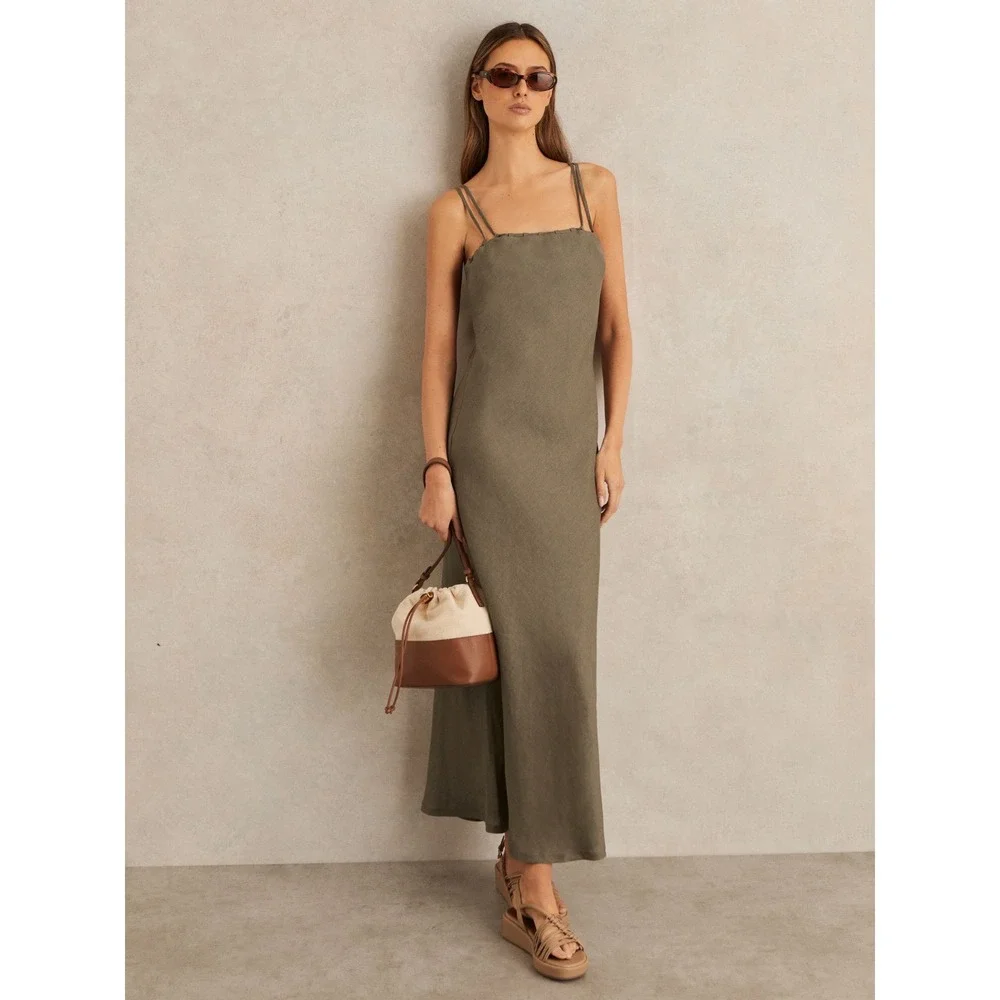 Reiss Roxanne Linen Double-Strap Slip Dress Khaki Size 4 NWT $275 - Picture 8 of 8
